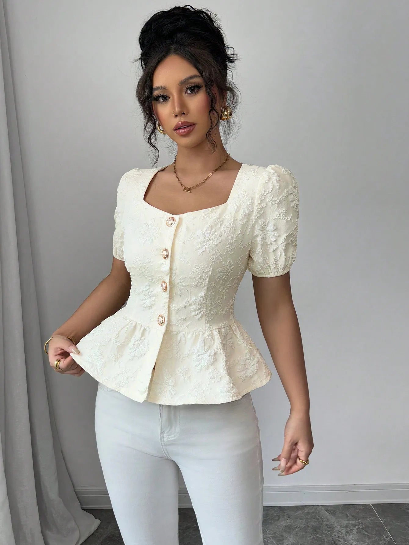 Peplum Button-Front Blouse - Tigbul's Variety Fashion Shop