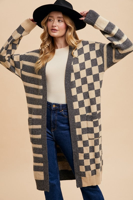 Dark Gray Checkered & Striped Open Front Long Sleeve Cardigan - Tigbul's Variety Fashion Shop