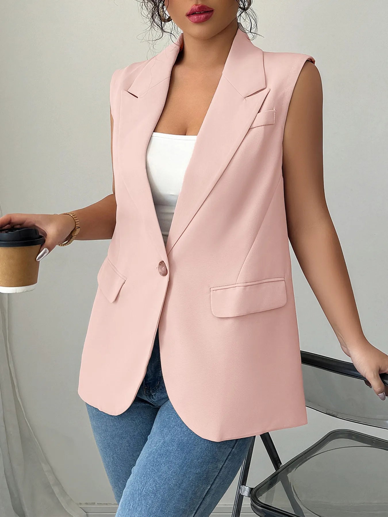 One Button V-Neck Blazer Vest Coat - Tigbul's Variety Fashion Shop