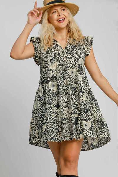Black Printed Ruffle Cap Sleeve Babydoll Dress - Tigbul's Variety Fashion Shop