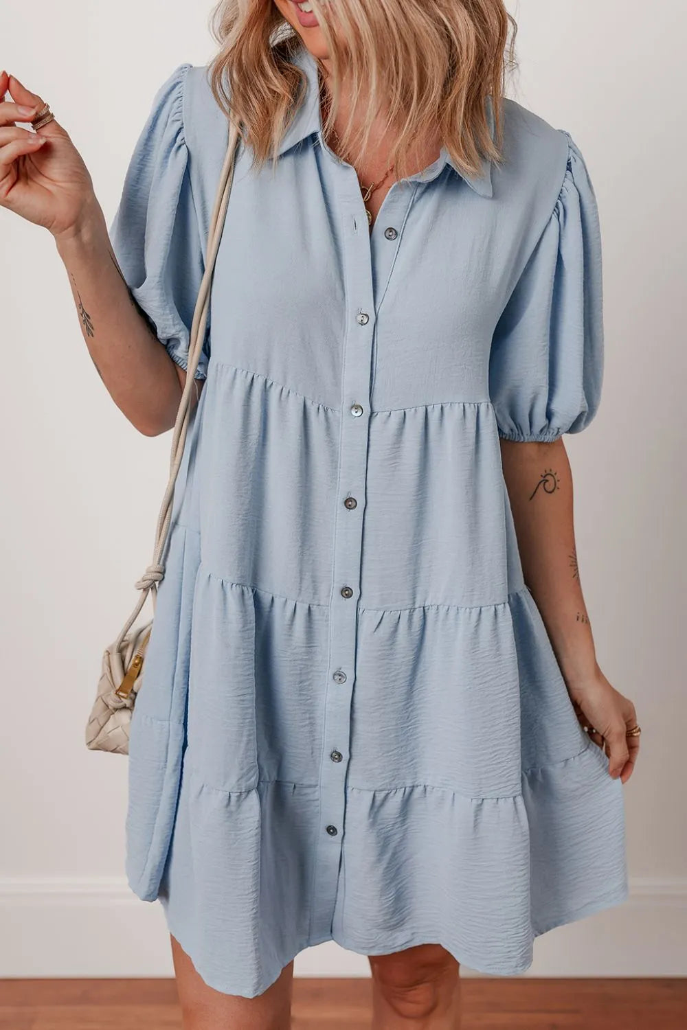 Button Up Puff Sleeve Tiered Shirt Dress - Tigbul's Variety Fashion Shop