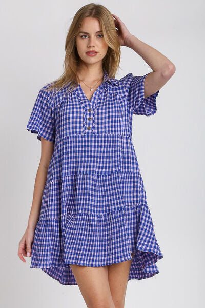 Blue Gingham Tiered Button Detail Short Sleeve Dress - Tigbul's Variety Fashion Shop