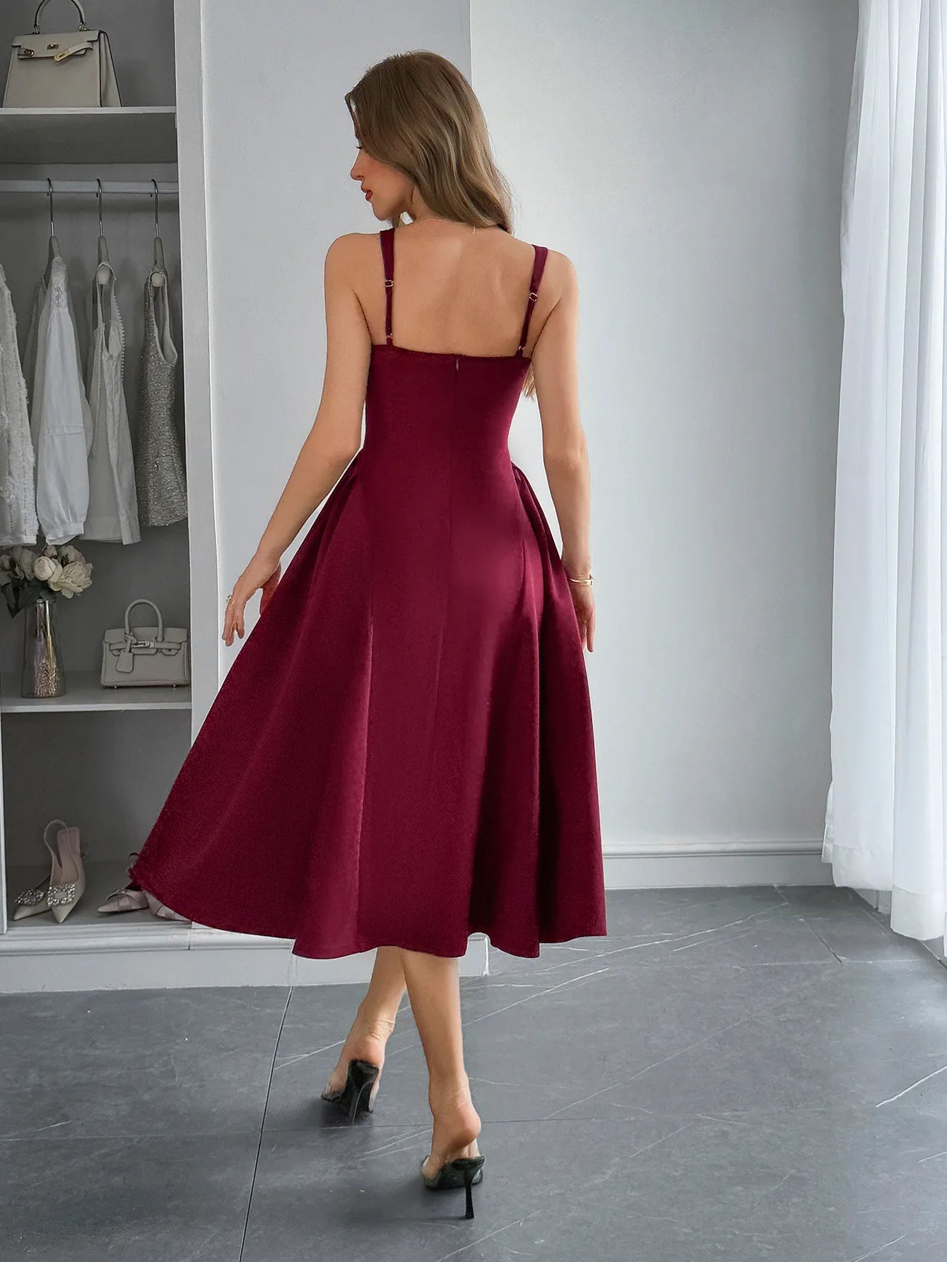 Square Neck Wide Strap Midi Dress - Tigbul's Variety Fashion Shop