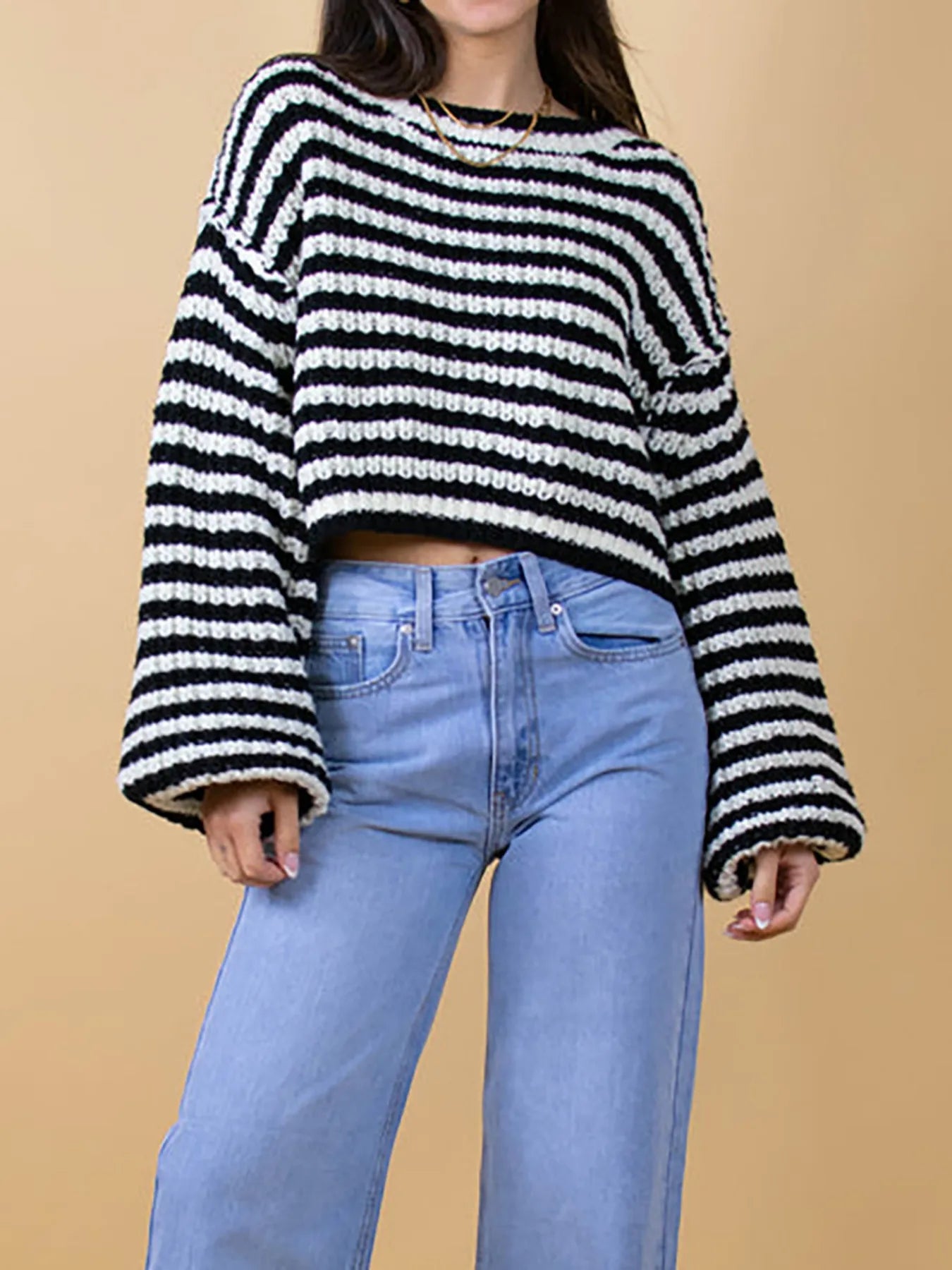 Oversized Striped Drop Shoulder Sweater - Tigbul's Variety Fashion Shop