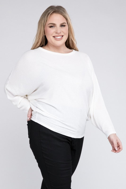 Plus Ribbed Batwing Long Sleeve Boat Neck Sweater - Tigbul's Variety Fashion Shop