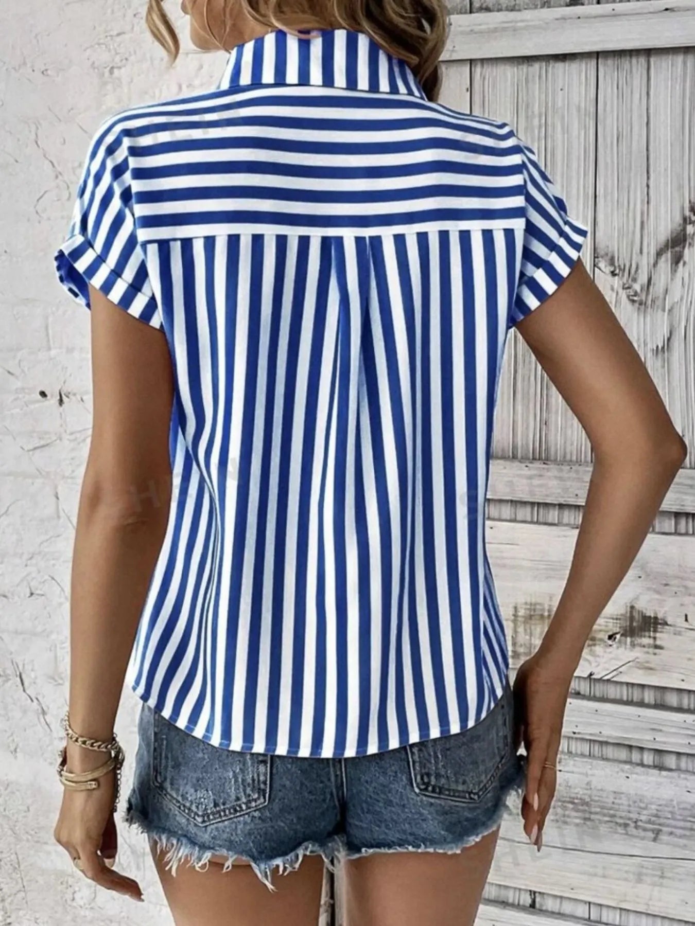 Striped Button-Up Short Sleeve Shirt with Pocket - Tigbul's Variety Fashion Shop