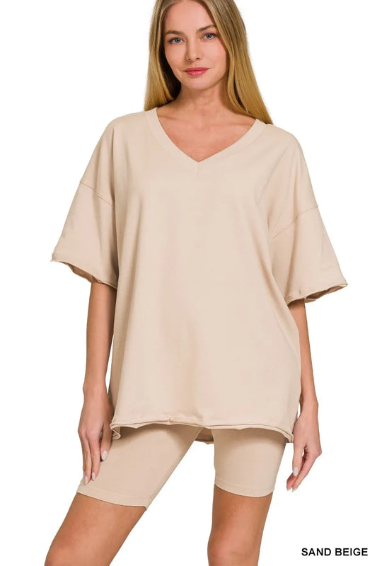 Zenana Cotton V-neck Top & Biker Shorts Set - Tigbul's Variety Fashion Shop