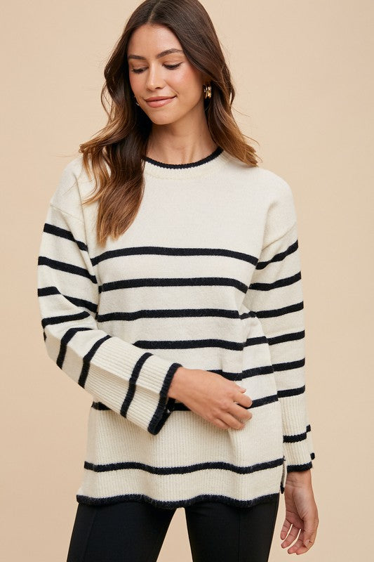 Ivory Side Slit Striped Round Neck Sweater - Tigbul's Variety Fashion Shop