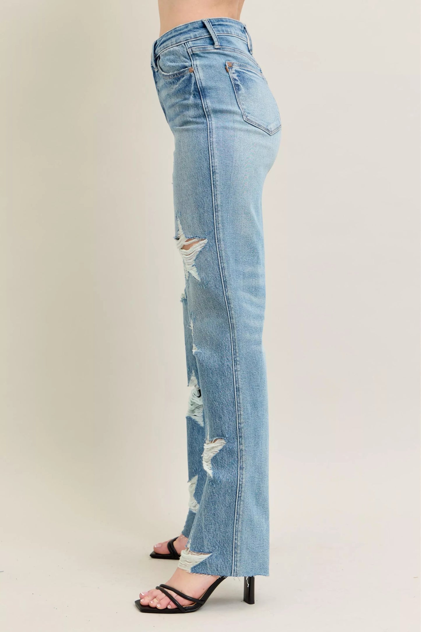 Judy Blue Full Size High Waist Rigid Magic Star Shaped Destroy 90's Straight Jeans Plus Size - Tigbul's Variety Fashion Shop