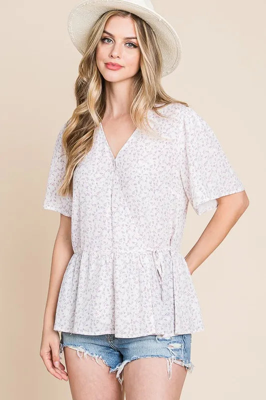 Ditsy Print V-Neck Short Sleeve Wrap Blouse - Tigbul's Variety Fashion Shop