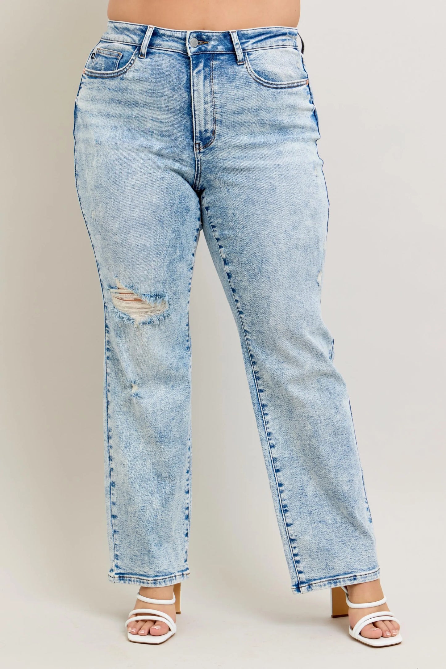 Judy Blue High Waist Mineral Wash Distressed 90's Straight Jeans - Tigbul's Variety Fashion Shop