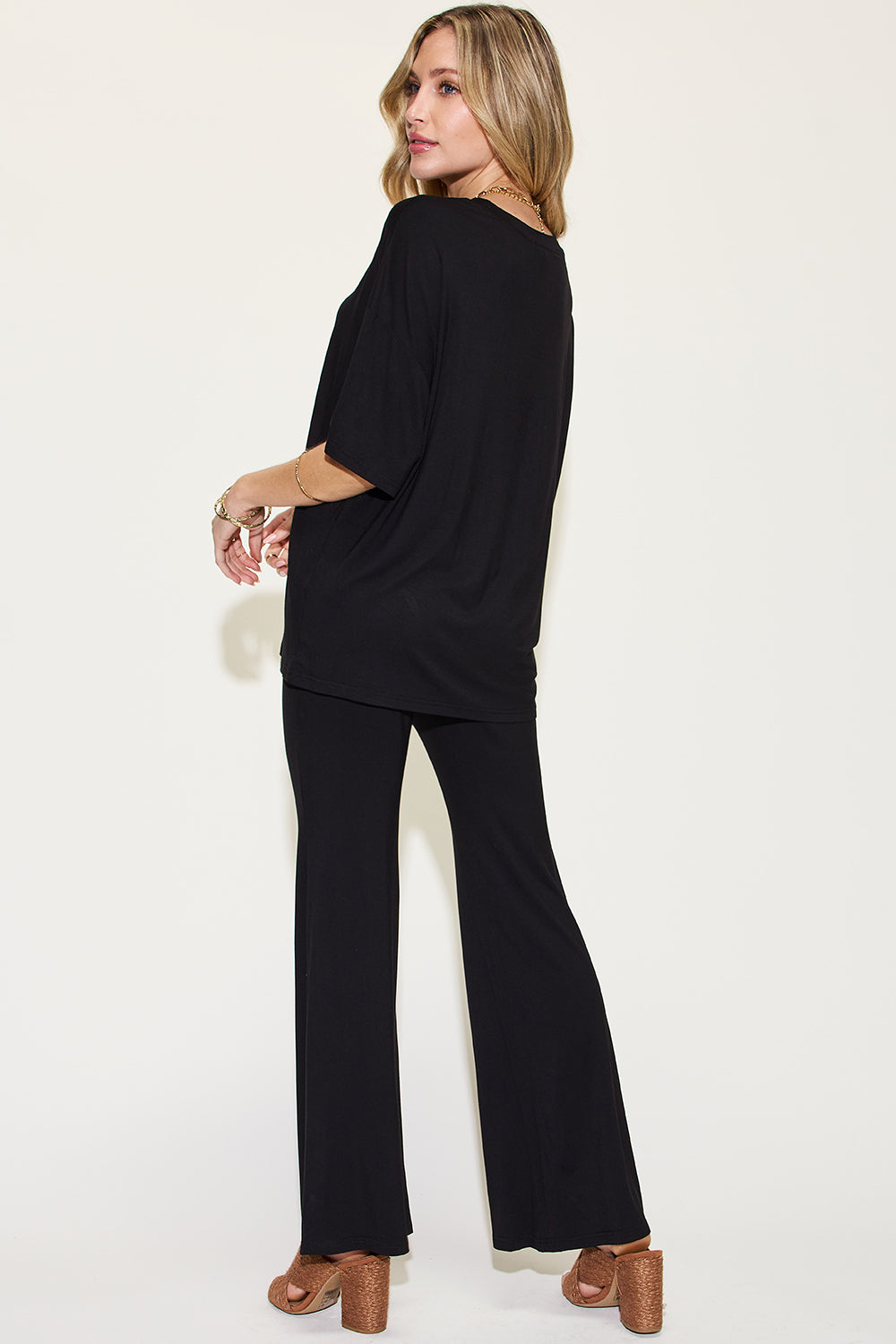 Bamboo Drop Shoulder T-Shirt and Flare Pants Set - Tigbul's Variety Fashion Shop