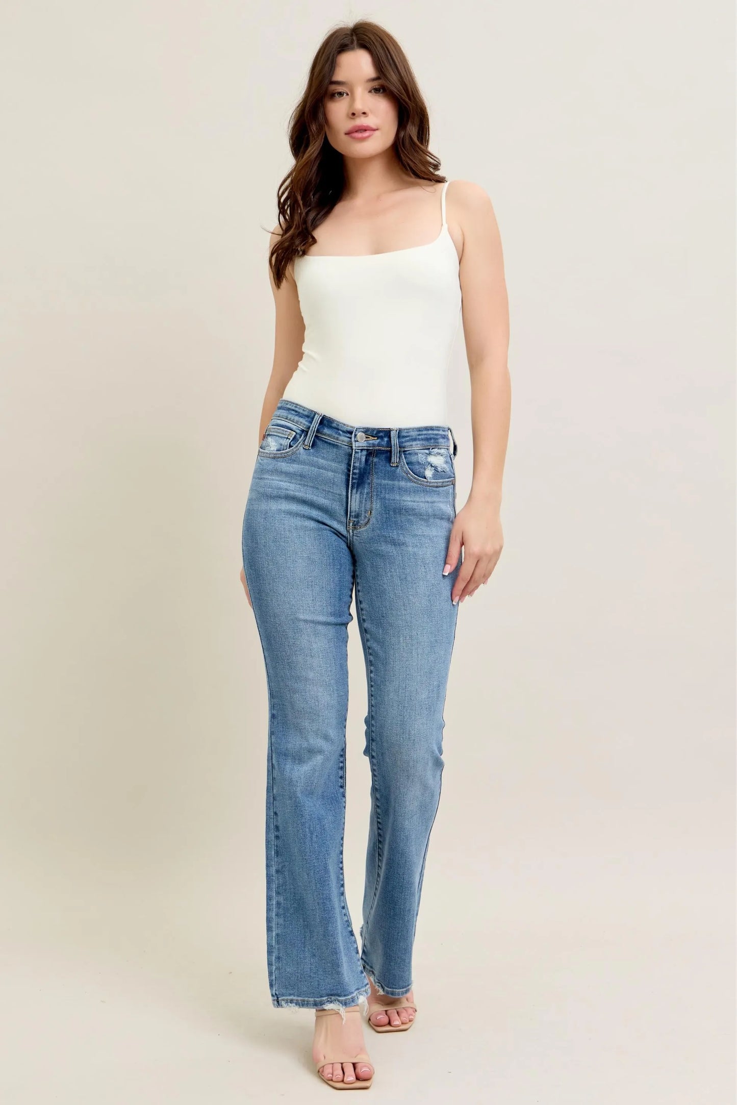 Judy Blue Full Size Mid Rise Wash Destroy Hem Bootcut Jeans Plus Size - Tigbul's Variety Fashion Shop