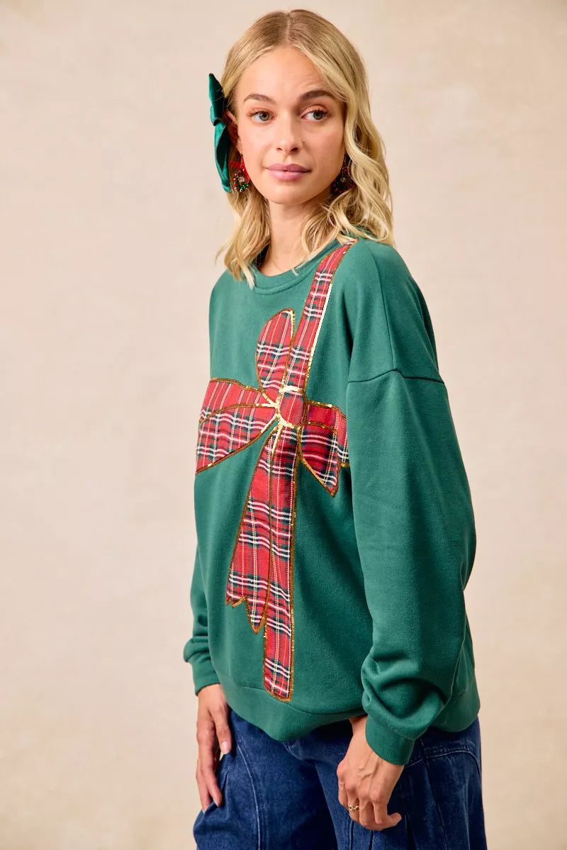 Plaid Ribbon Bow Detail Christmas Fleece Pullover Sweater - Tigbul's Variety Fashion Shop