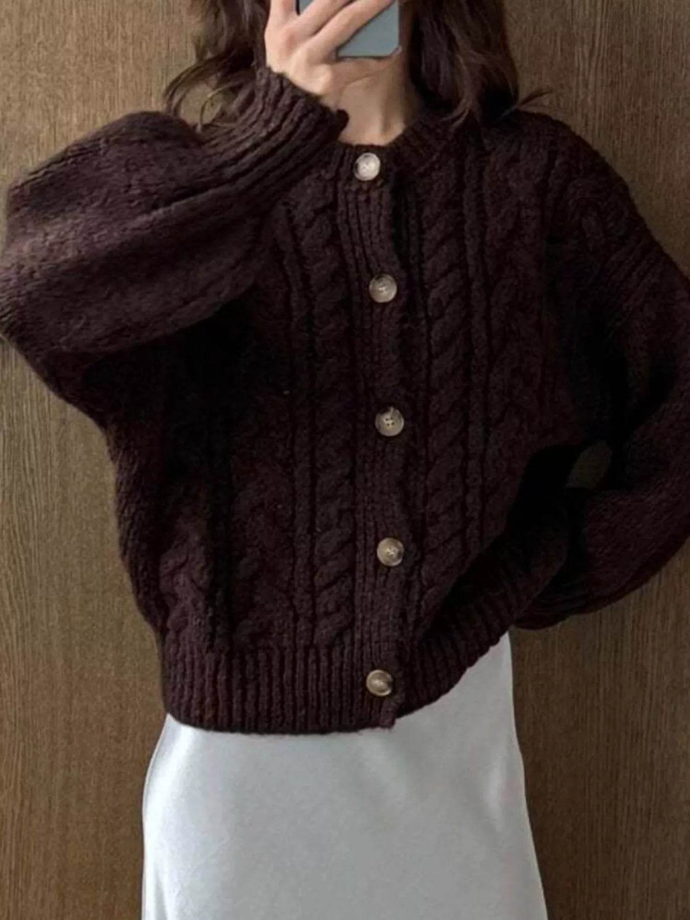 Cable Knit Button-Down Cardigan - Tigbul's Variety Fashion Shop