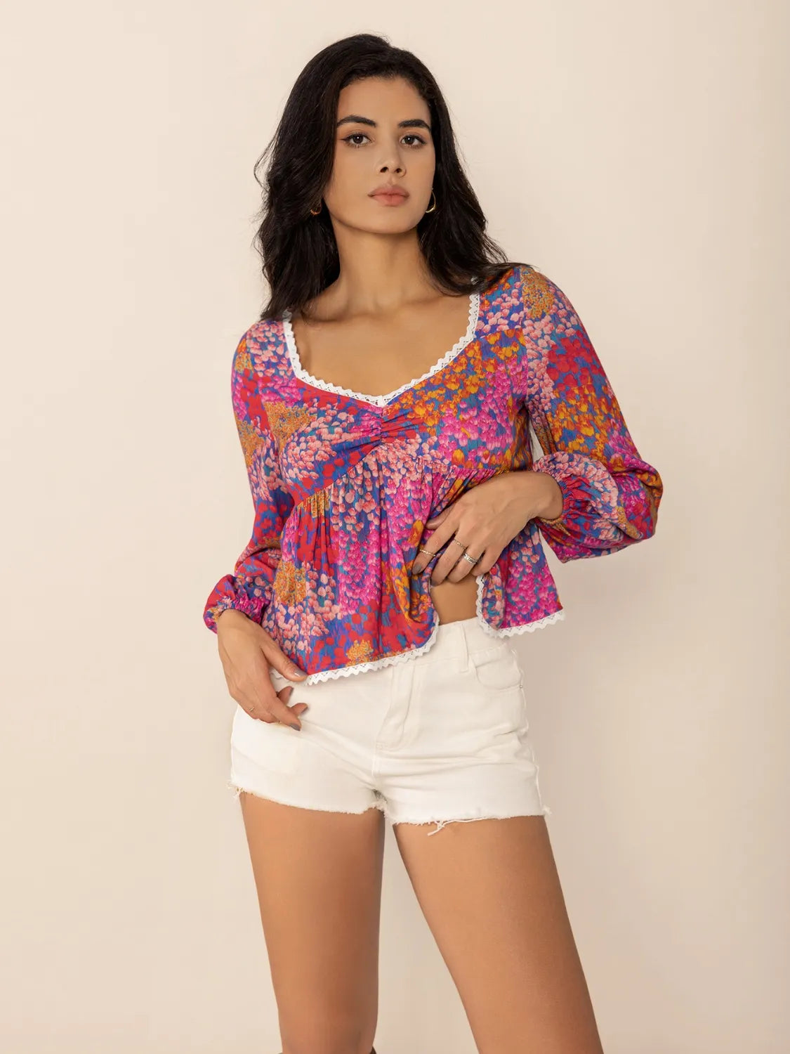 Lace Detail Printed Balloon Sleeve Top - Tigbul's Variety Fashion Shop