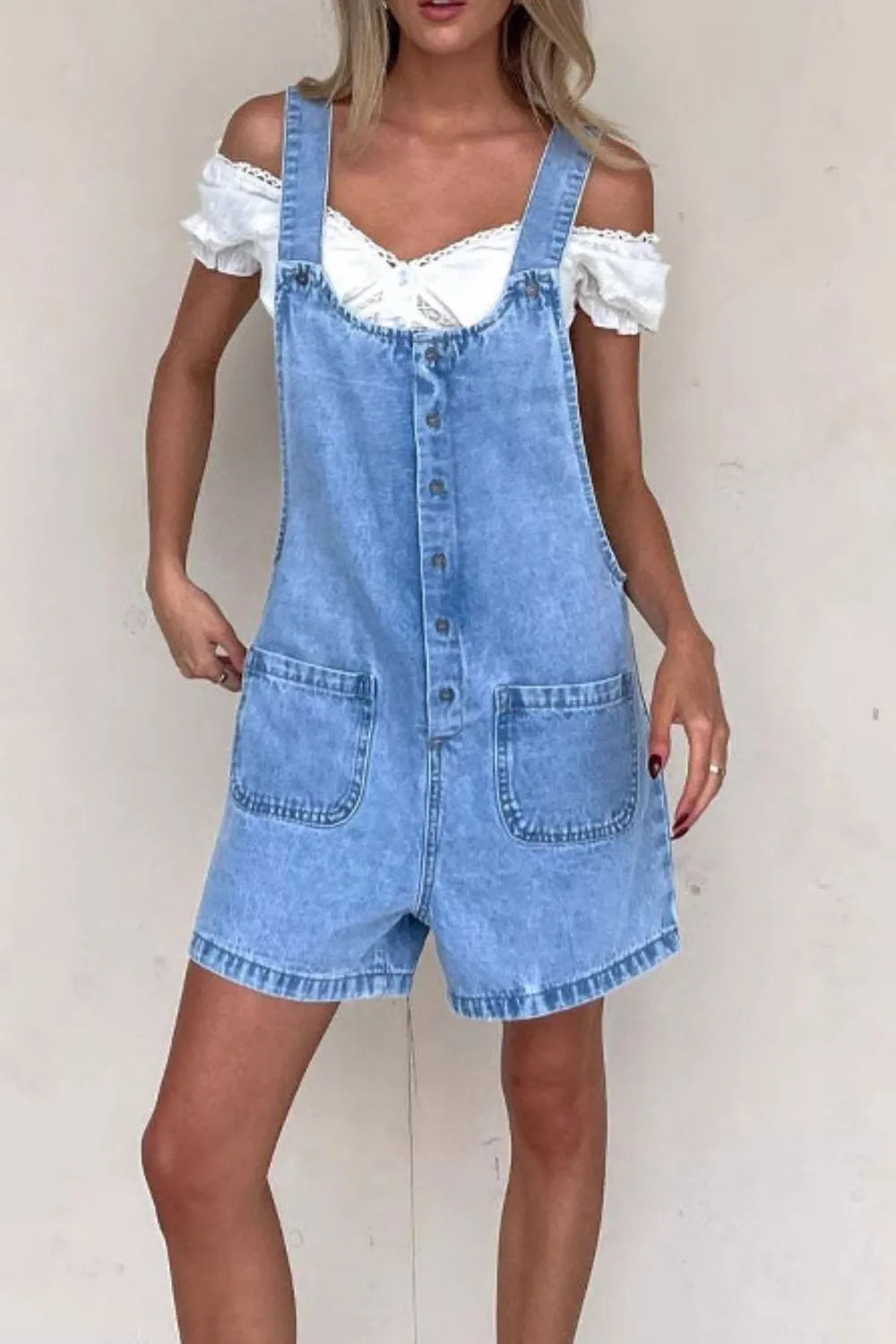 Button Front Denim Overall Shorts with Front Pockets - Tigbul's Variety Fashion Shop