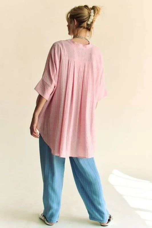 Pink Rhinestone Pleat Back Short Sleeve Loose Fit Shirt - Tigbul's Variety Fashion Shop
