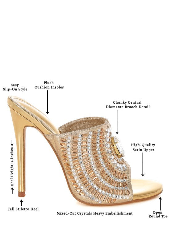 Embellished Gold Metallic Slip On Open Toe Stiletto Heel Shoes - Tigbul's Variety Fashion Shop