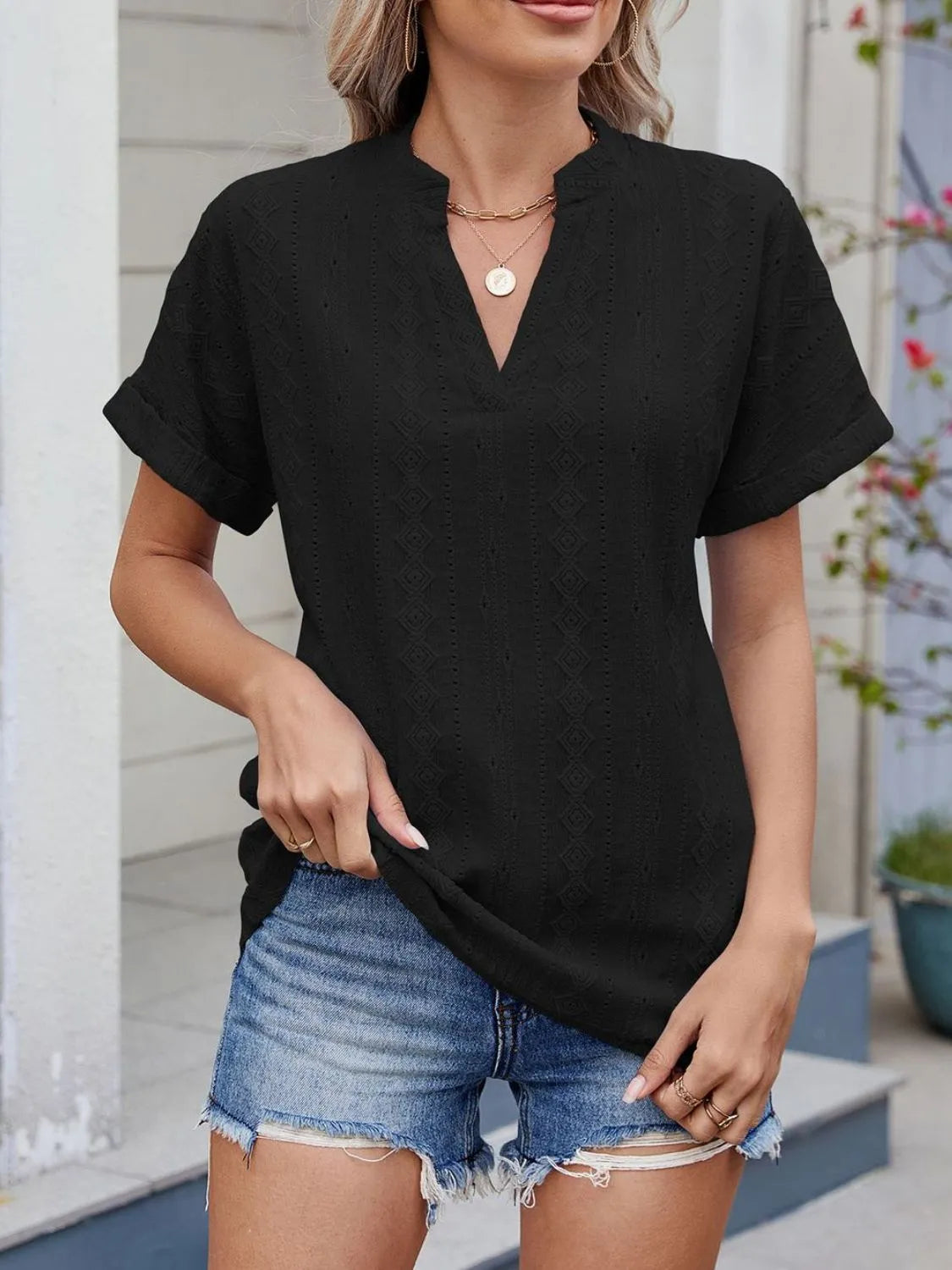 Eyelet Notched Short Sleeve Top - Tigbul's Variety Fashion Shop