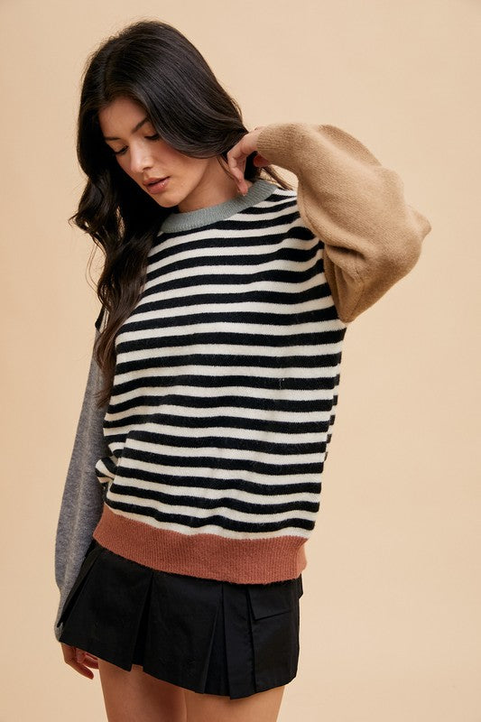 Ivory/Black Striped Color Block Round Neck Sweater - Tigbul's Variety Fashion Shop