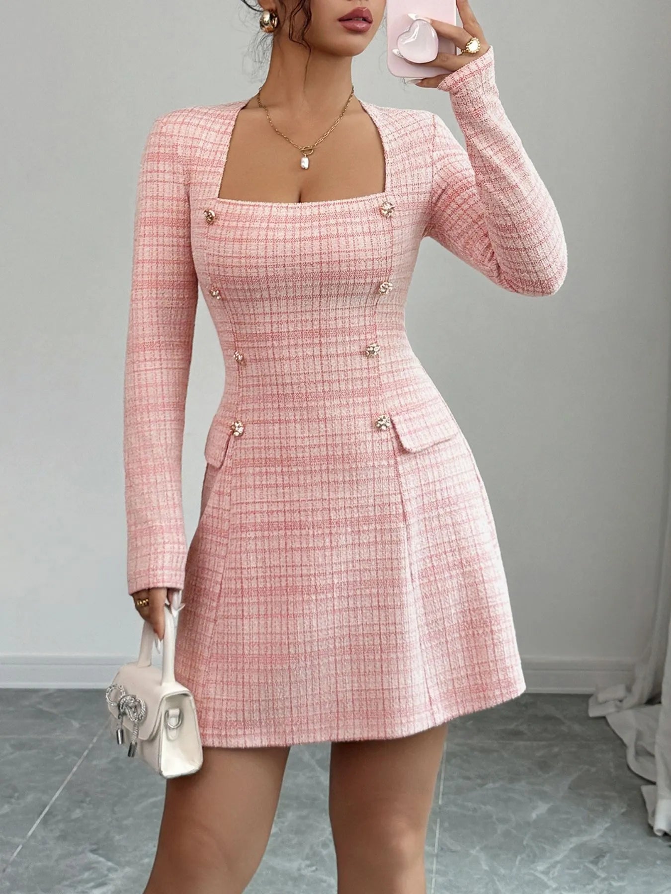 Square Neck Long Sleeve Dress - Tigbul's Variety Fashion Shop