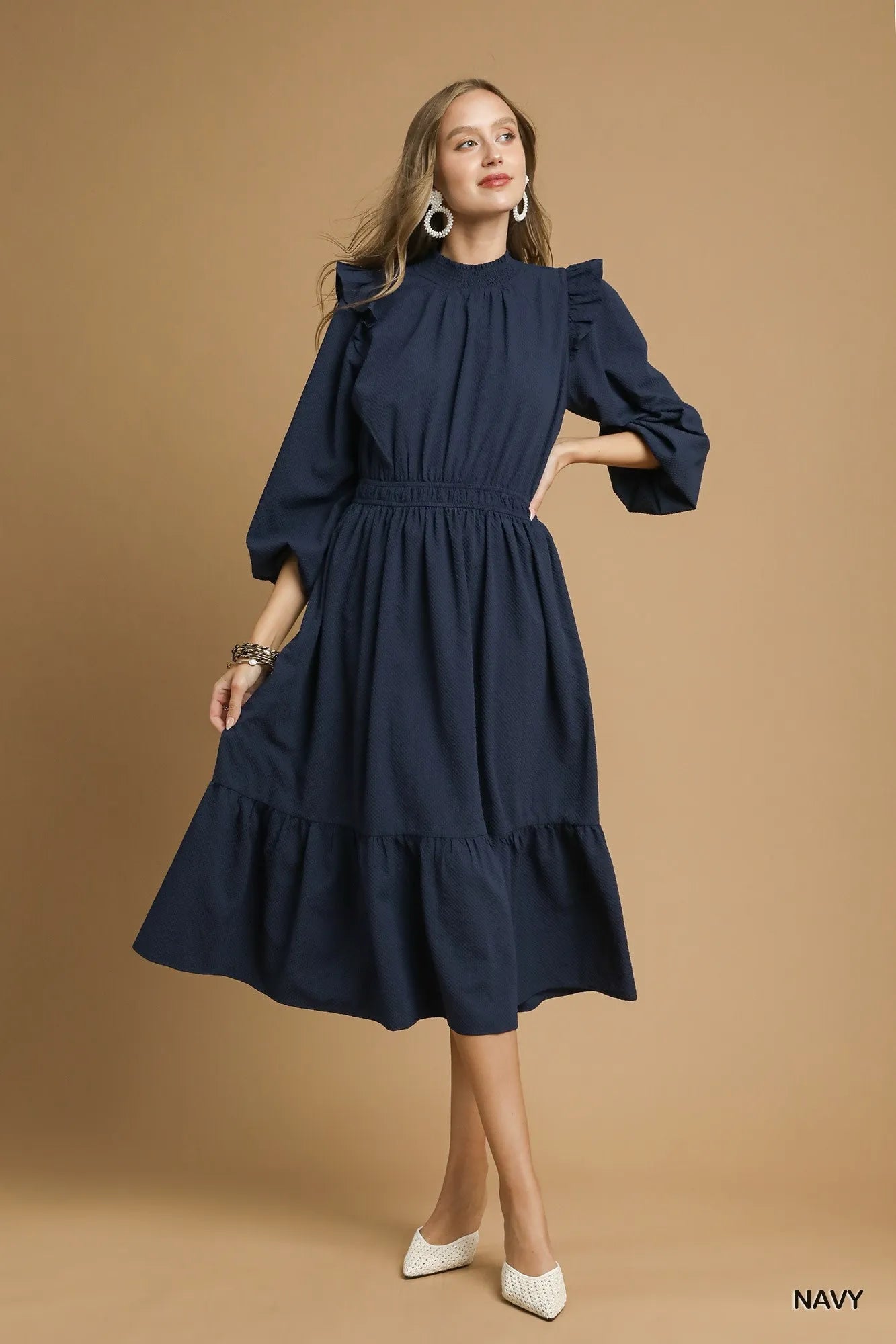 Umgee Textured Midi Dress with Ruffle Shoulder Detail - Tigbul's Variety Fashion Shop
