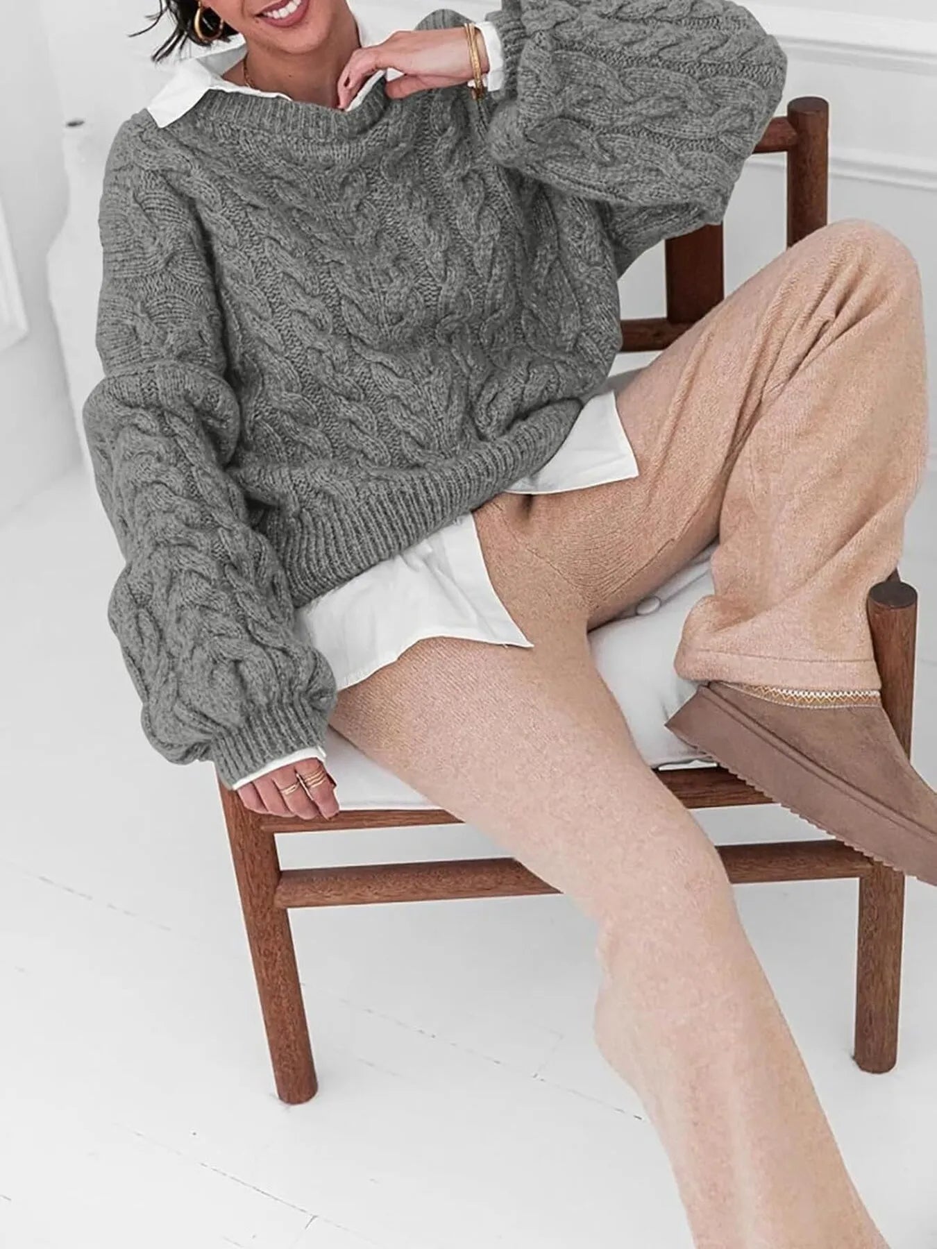 Cable Knit Long Sleeve Sweater - Tigbul's Variety Fashion Shop