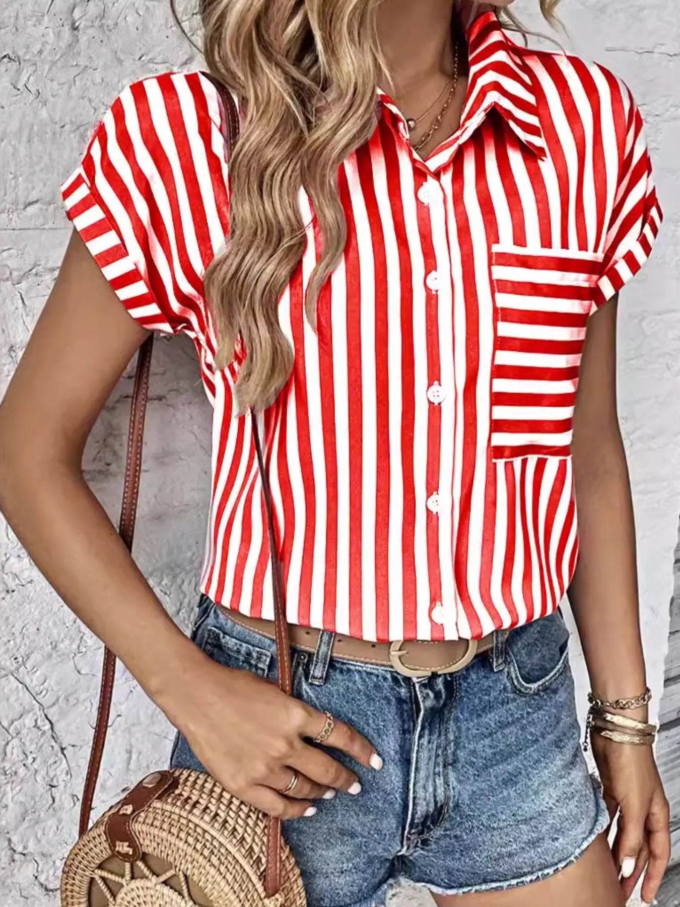 Striped Button-Up Short Sleeve Shirt with Pocket - Tigbul's Variety Fashion Shop