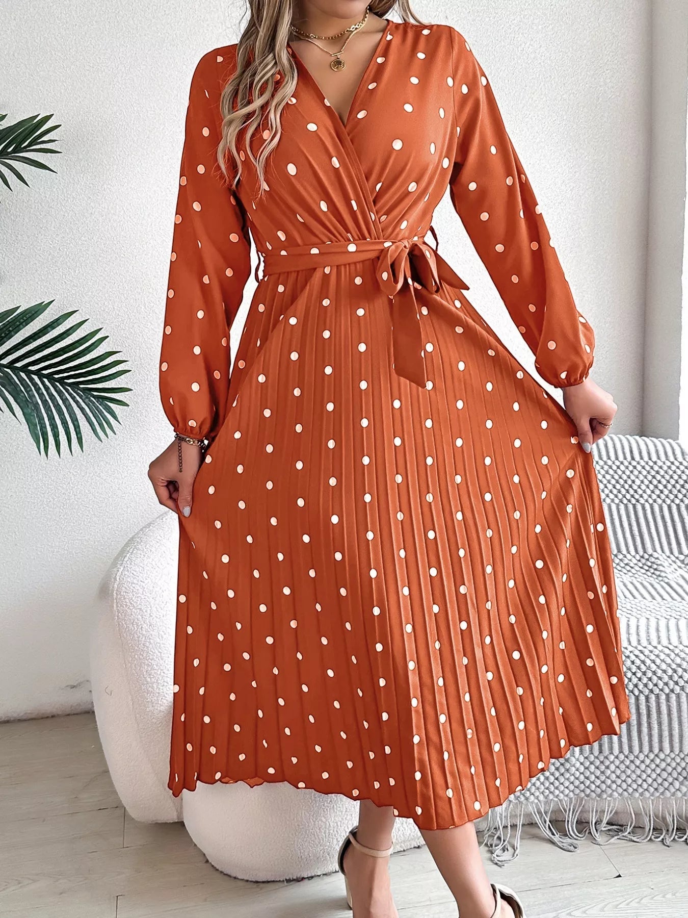 Front Tie Polka Dot Midi Pleated Dress - Tigbul's Variety Fashion Shop