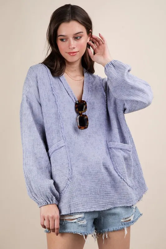 Blue Plus Size Washed Cotton Gauze Oversized Top - Tigbul's Variety Fashion Shop