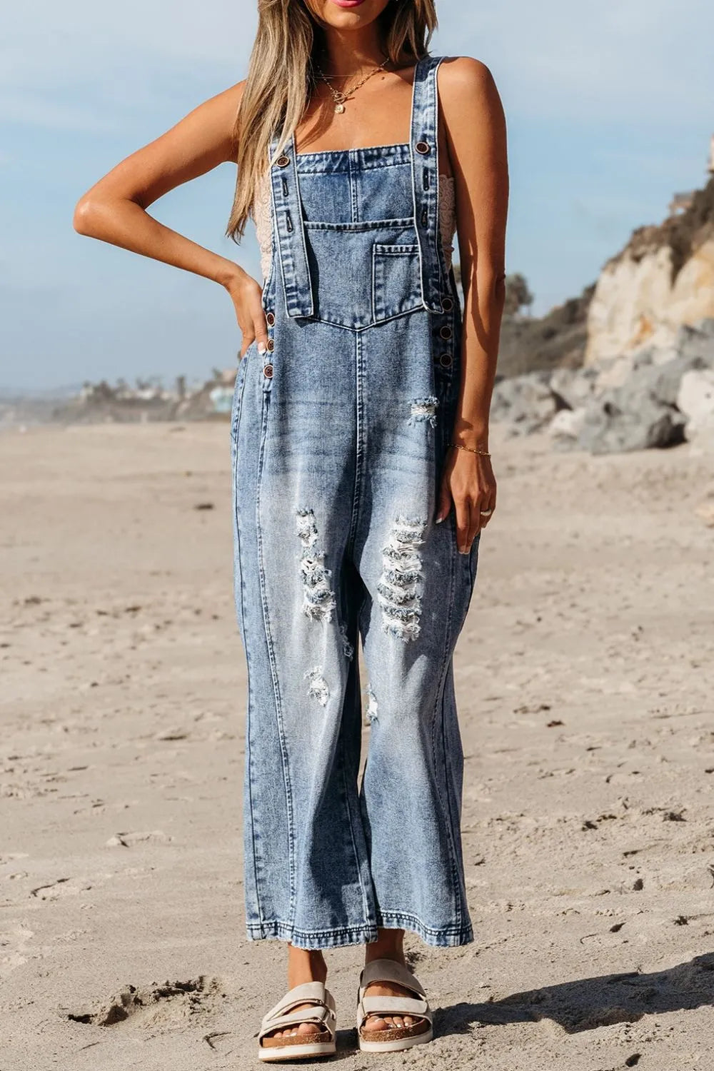 Distressed Bib Pocket Wide Leg Denim Overalls - Tigbul's Variety Fashion Shop