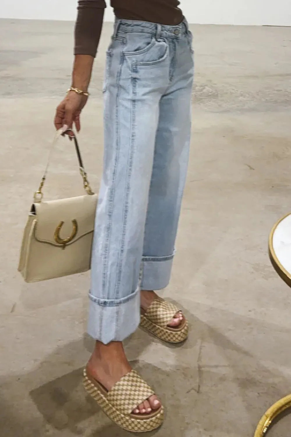 Wide Leg Cuff Jeans - Tigbul's Variety Fashion Shop