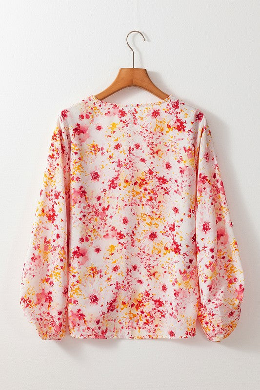Women Pink Floral Bubble Sleeve V Neck Blouse - Tigbul's Variety Fashion Shop
