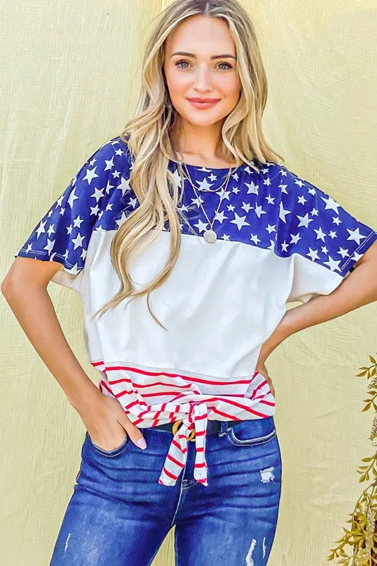 American Flag Print Tie Knot Front Casual Top - Tigbul's Variety Fashion Shop