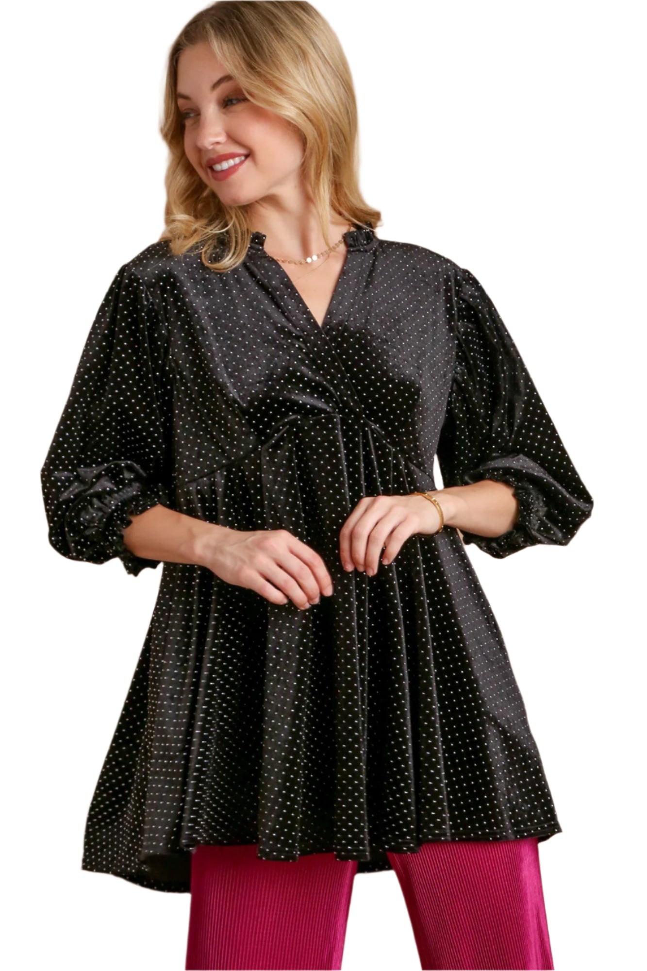 Beaded Frill Flounce Sleeve Black Velvet Babydoll Blouse - Tigbul's Variety Fashion Shop