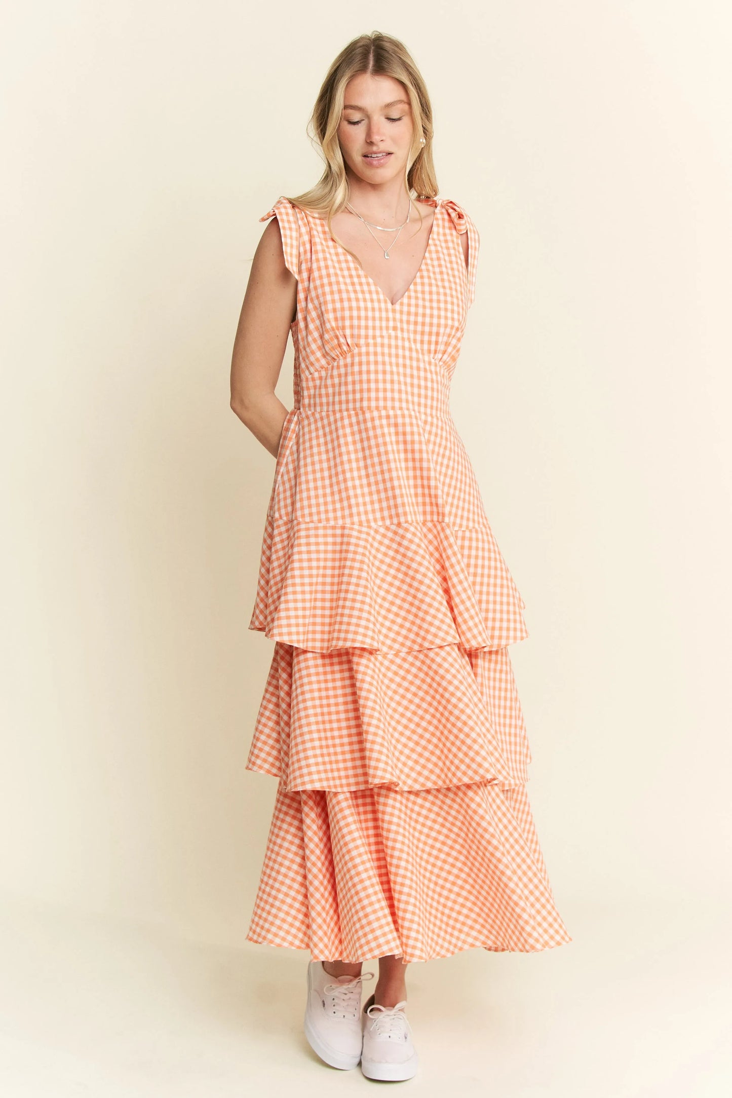 Orange Sleeveless Gingham Print Tiered Midi Dress - Tigbul's Variety Fashion Shop