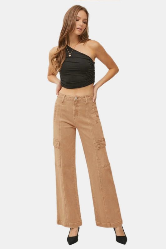 RISEN Full Size Tan High Rise Wide Leg Cargo Jeans - Tigbul's Variety Fashion Shop