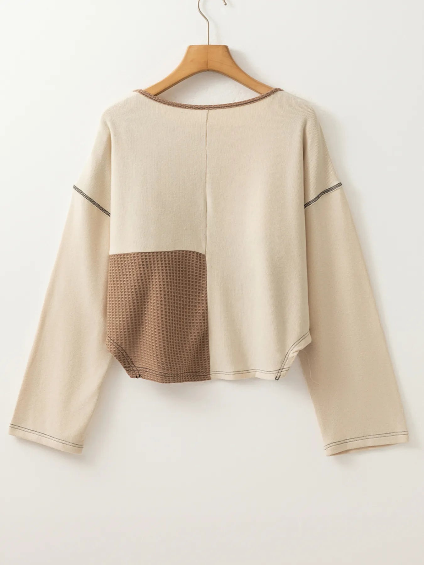 Color Block Waffle Knit Stitch Detail Long Sleeve Top - Tigbul's Variety Fashion Shop