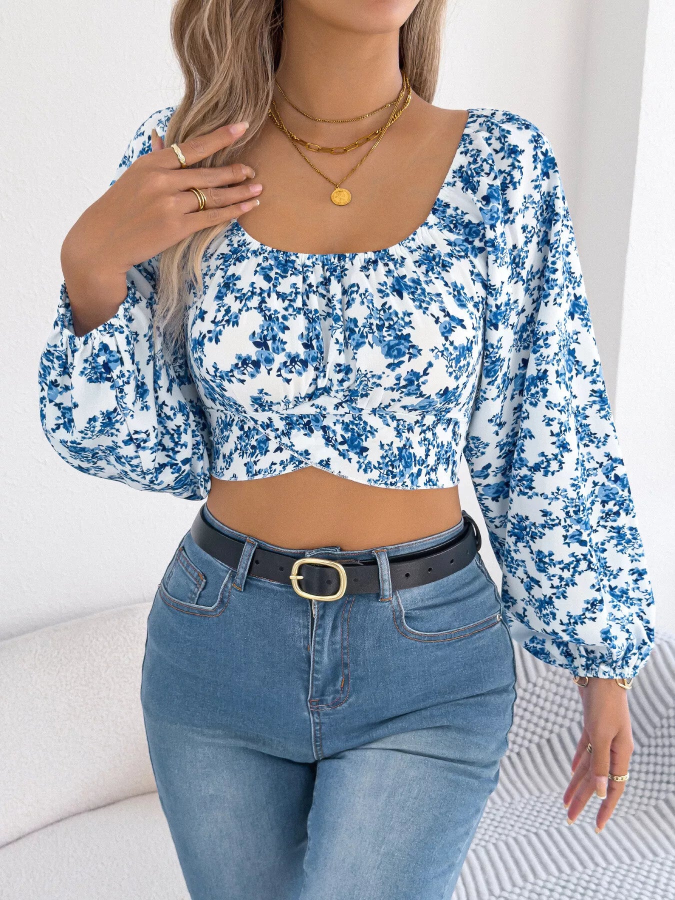 Floral Balloon Sleeve Square Neck Crop Blouse - Tigbul's Variety Fashion Shop