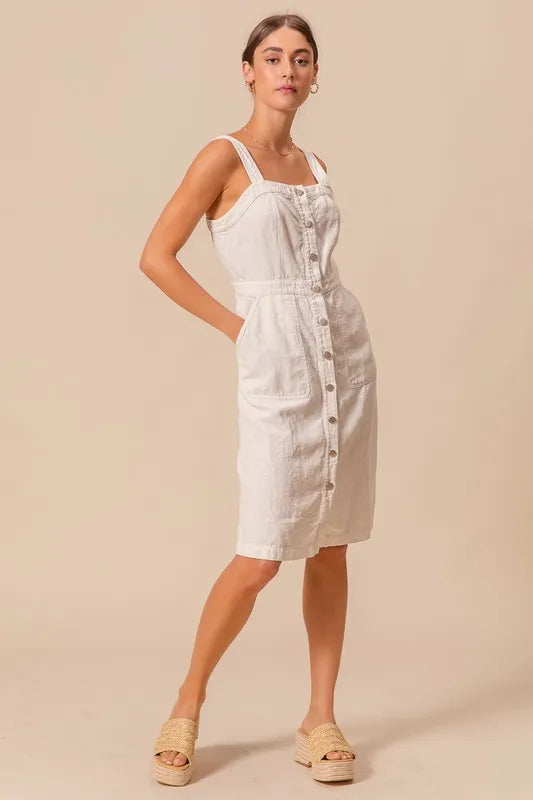 Button Down Pocket Front Off White Pinafore Dress - Tigbul's Variety Fashion Shop