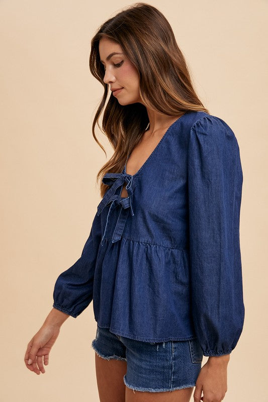 Navy Blue Tie Front Peplum Long Sleeve Denim Top - Tigbul's Variety Fashion Shop