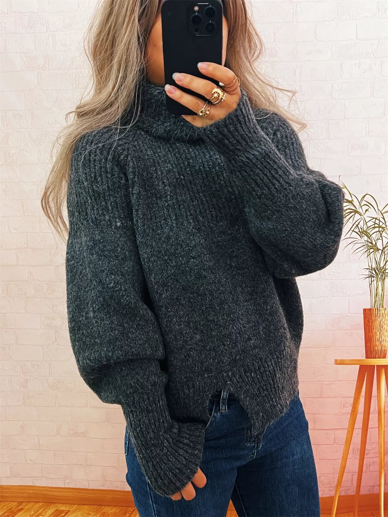 Ribbed Turtleneck Long Sleeve Sweater - Tigbul's Variety Fashion Shop