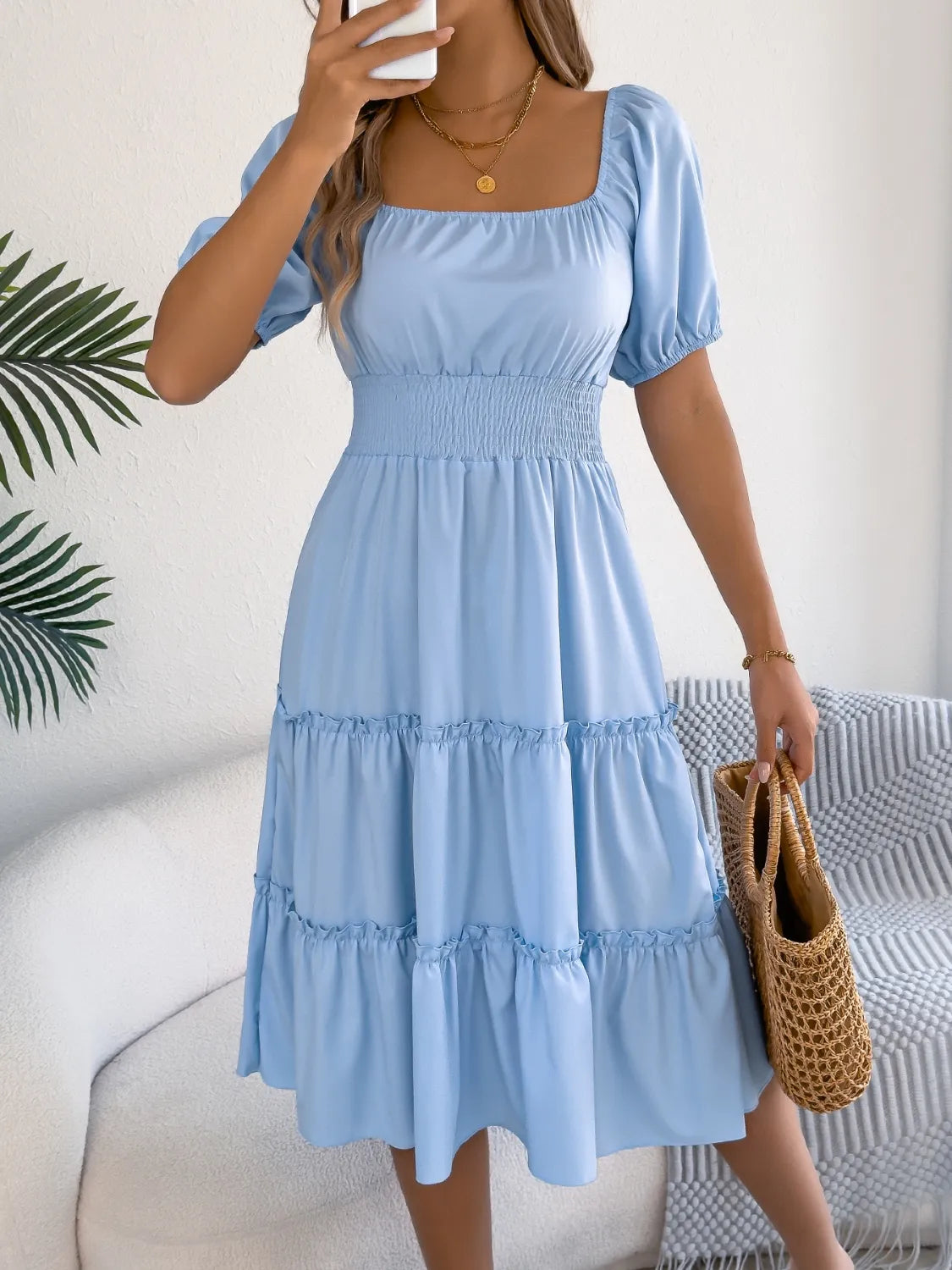 Square Neck Short Puff Sleeve Dress - Tigbul's Variety Fashion Shop