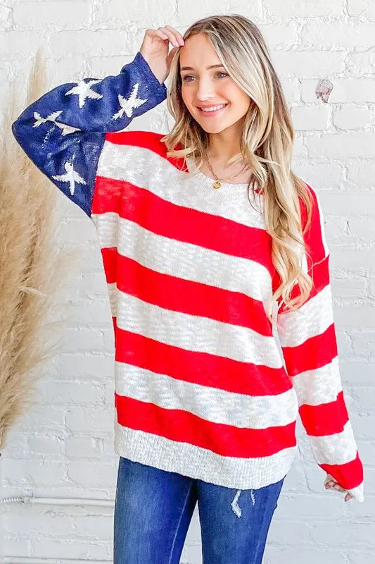 Red/Navy American Flag Long Sleeve Sweater - Tigbul's Variety Fashion Shop