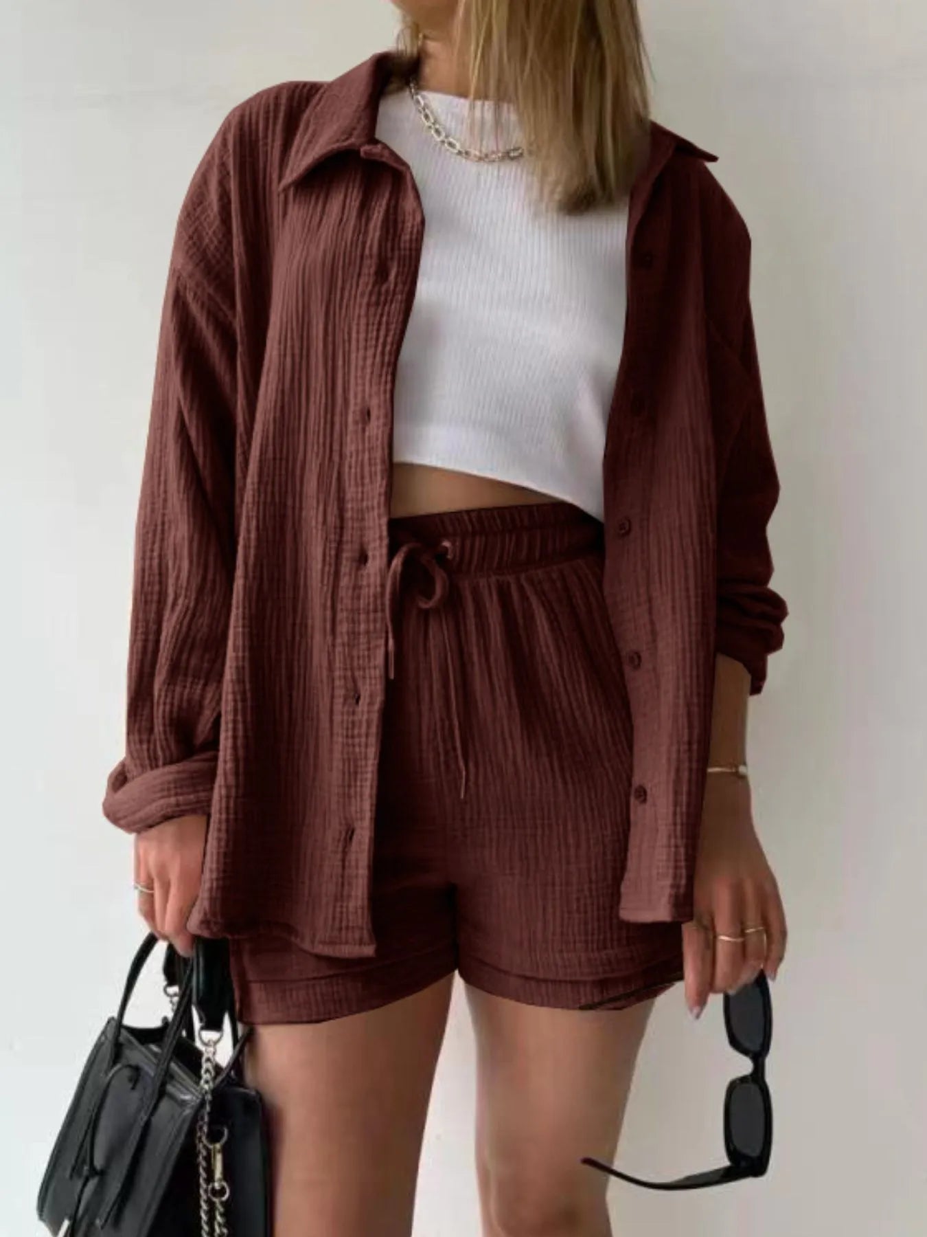 Textured Button Up Shirt and Shorts Set - Tigbul's Variety Fashion Shop