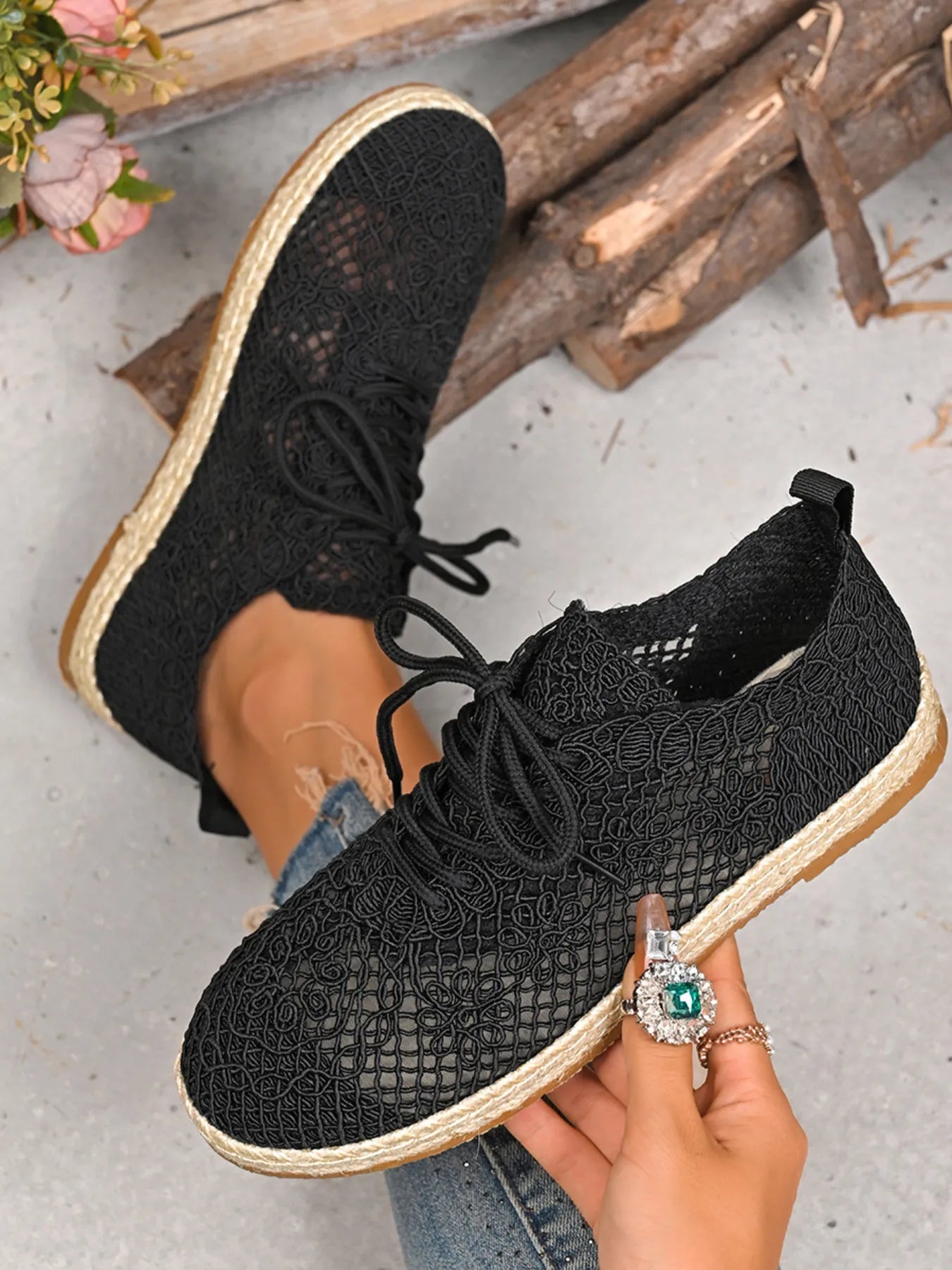 Breathable Woven Lace Up Sneakers - Tigbul's Variety Fashion Shop
