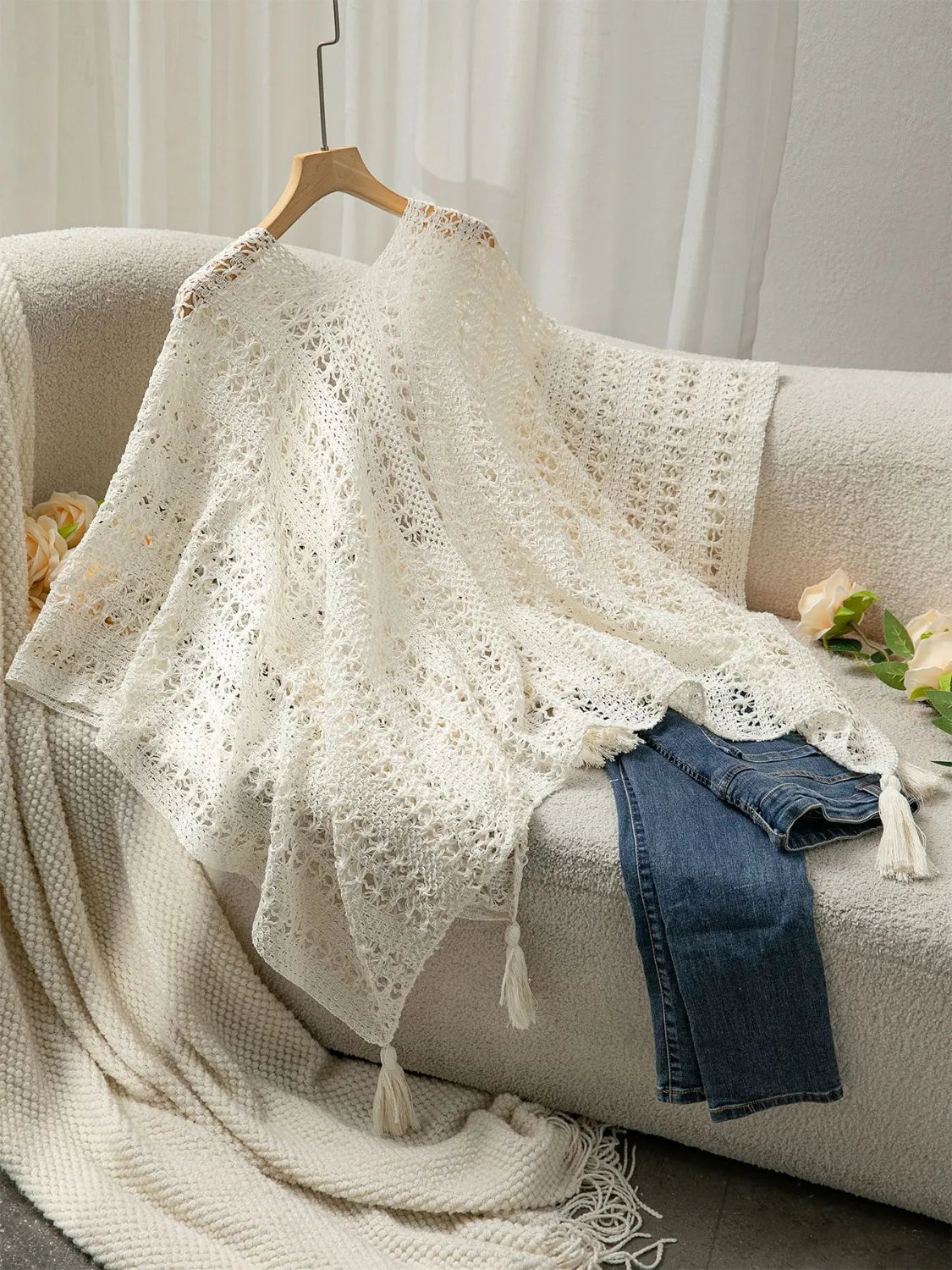 Openwork Tassel Open Front Knit Cover Up - Tigbul's Variety Fashion Shop
