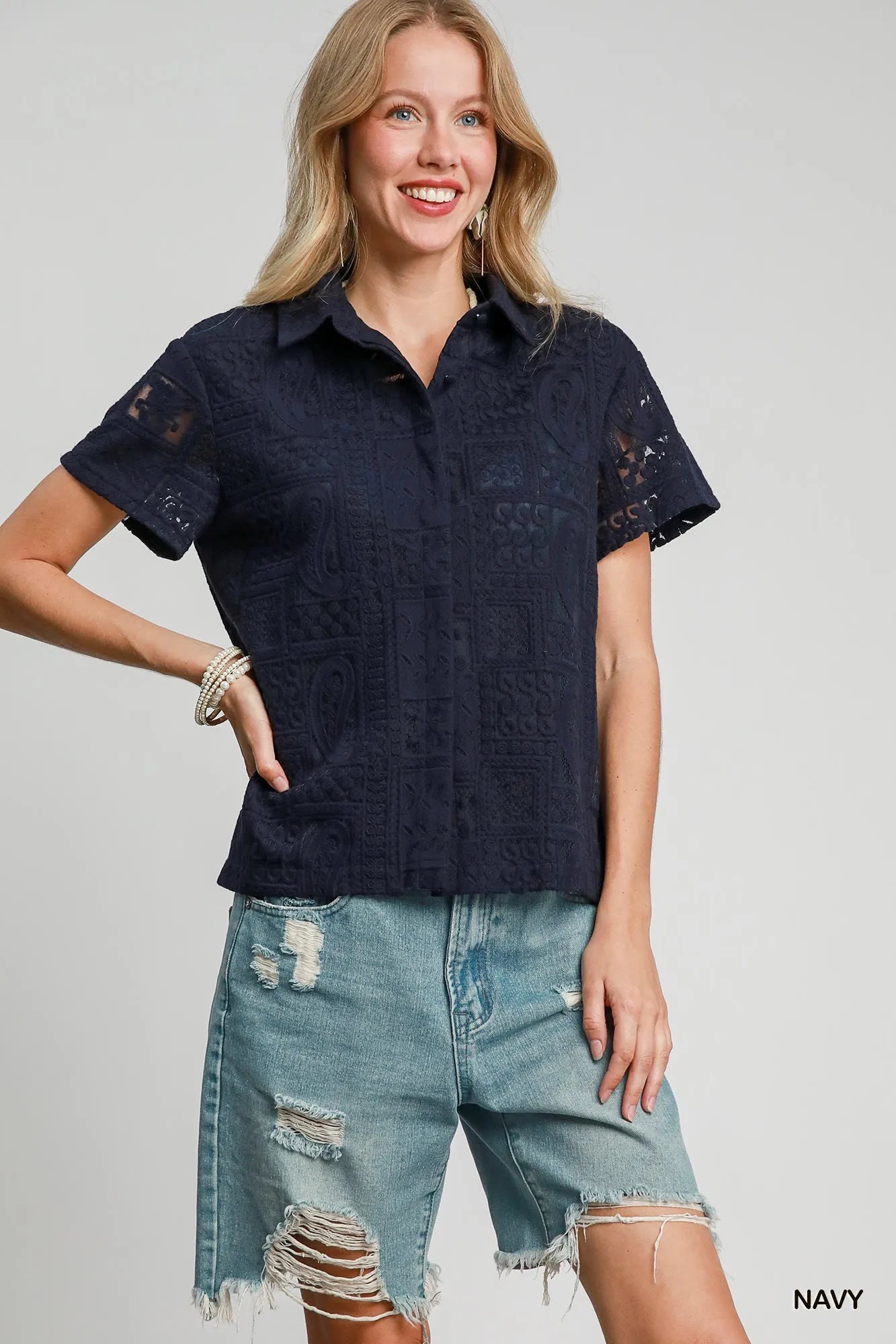 Umgee Patch Lace Short Sleeve Button Down Shirt - Tigbul's Variety Fashion Shop