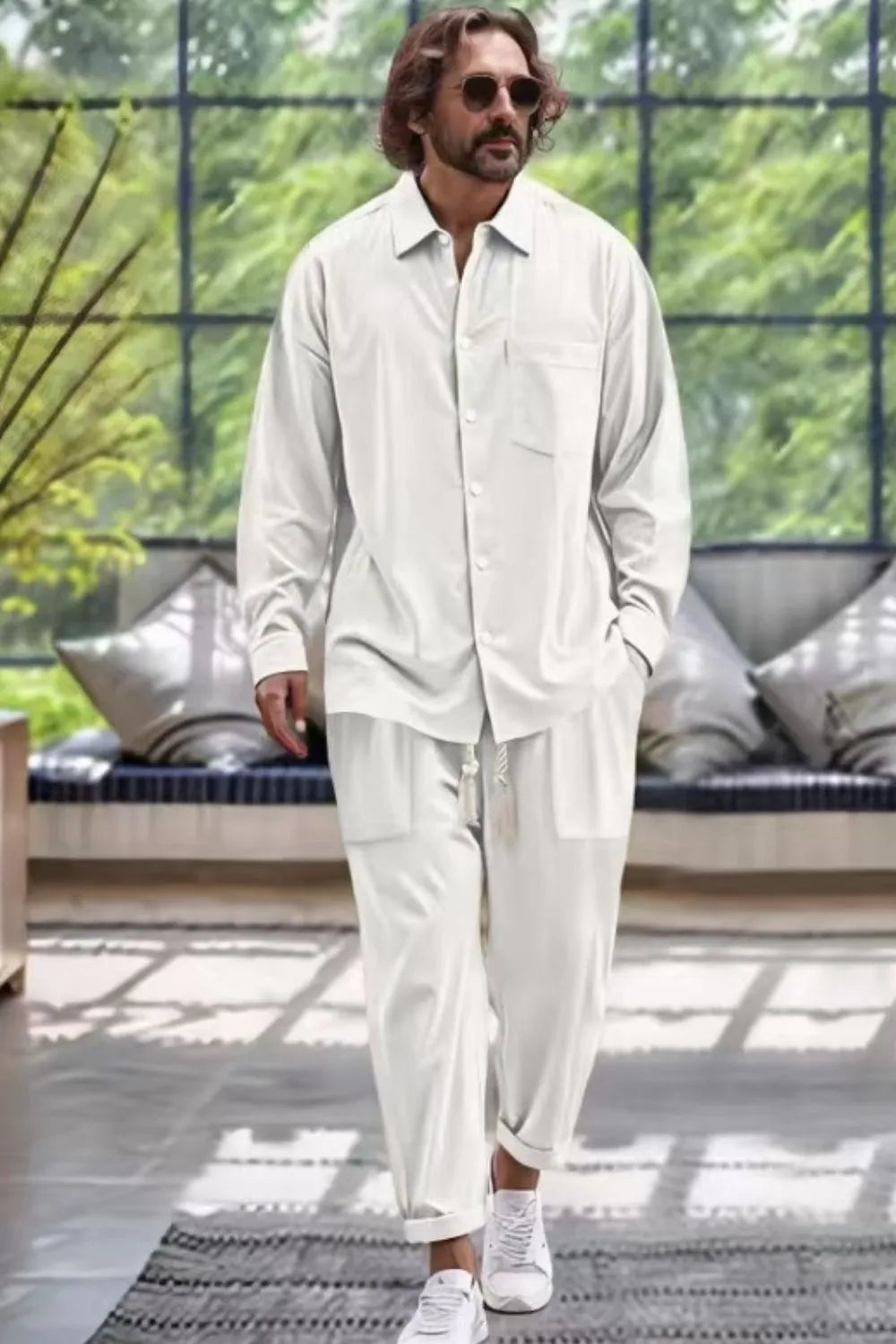 Men's Collared Neck Long Sleeve Top and Pants Set Plus Size - Tigbul's Variety Fashion Shop